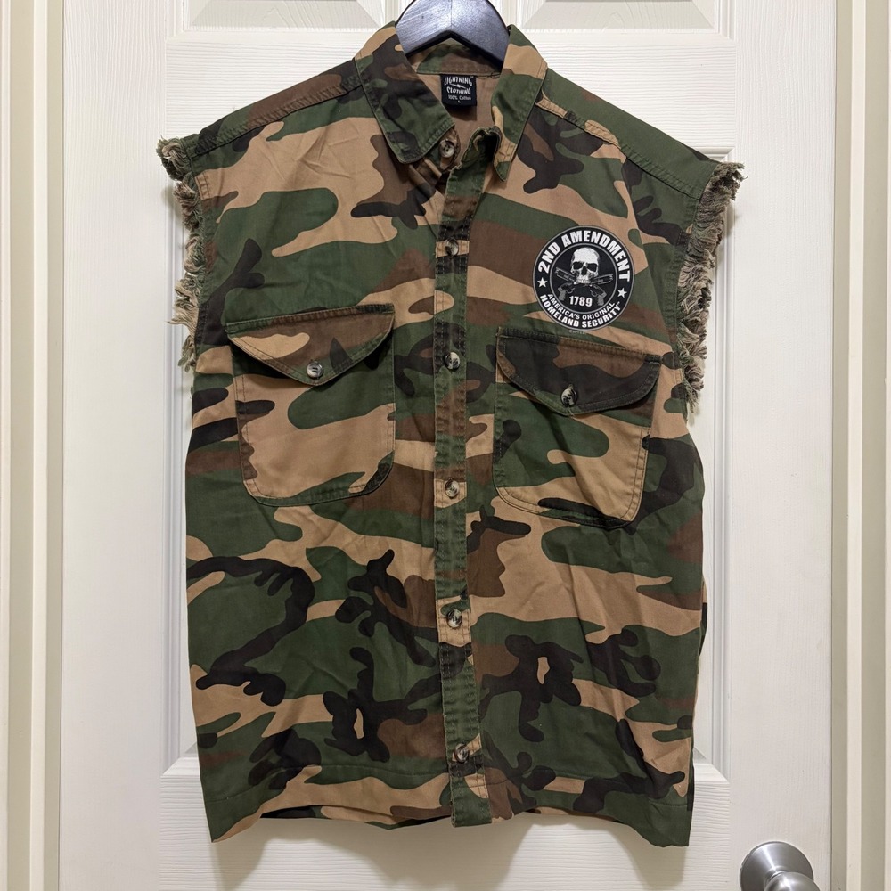 Camo Button Up Vest Cut Off Sleeve Shirt L 2nd Amendment Skull Patriotic Biker
